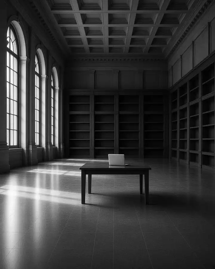 An empty, high-ceilinged reading hall with a single table and a laptop in window light (AI-generated photo)